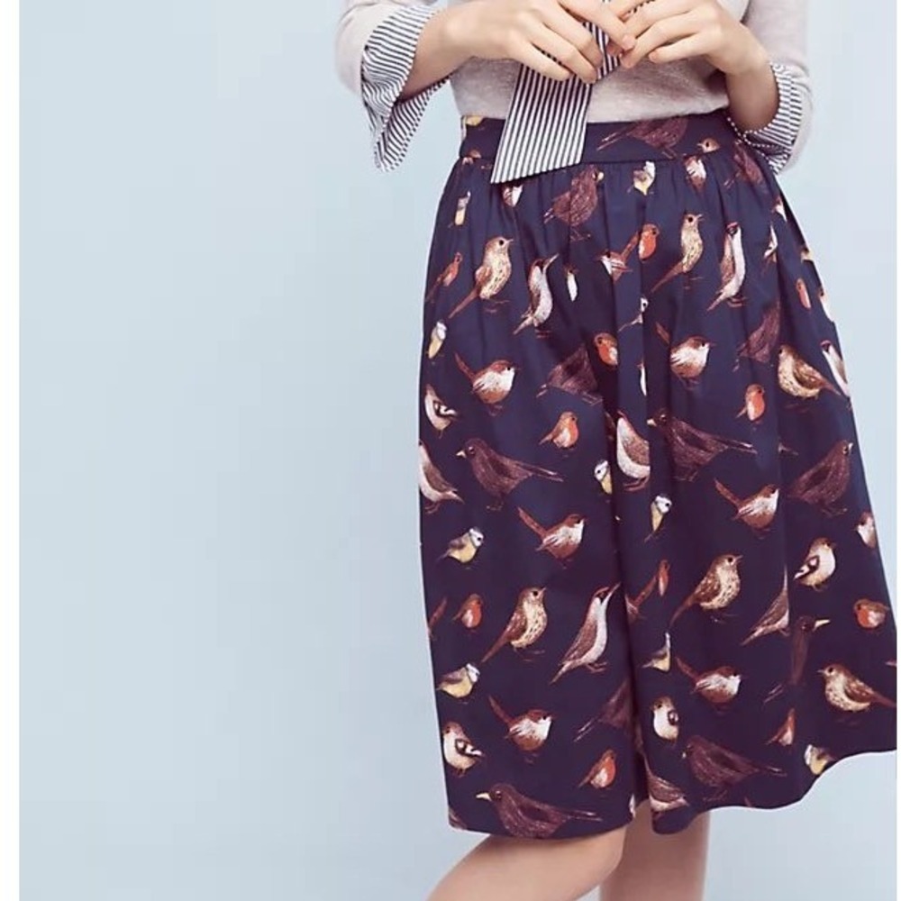 Anthropologie Navy Blue Bird Print Pleated Midi Skirt with Pockets XXL NWT